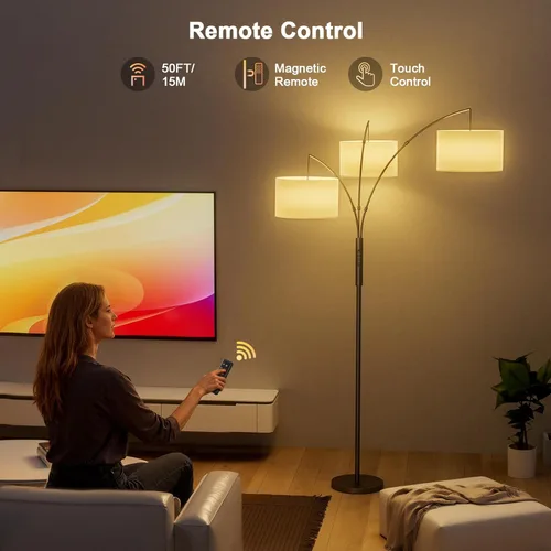 Miniatura 3 de SIBRILLE Lámpara de pie de arco RGB de 36 W con 3 pantallas de tela blanca, lámpara de pie súper brillante de 3000 lm con control remoto y táctil