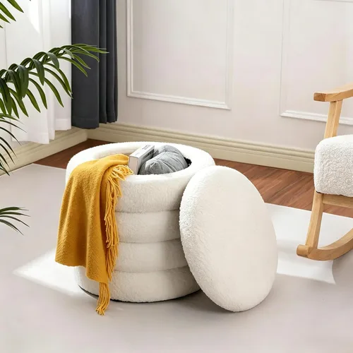 Teddy Sherpa - Otomana redonda con almacenamiento, taburete tapizado moderno, reposapiés, pequeño ramo blanco otomano de almacenamiento para