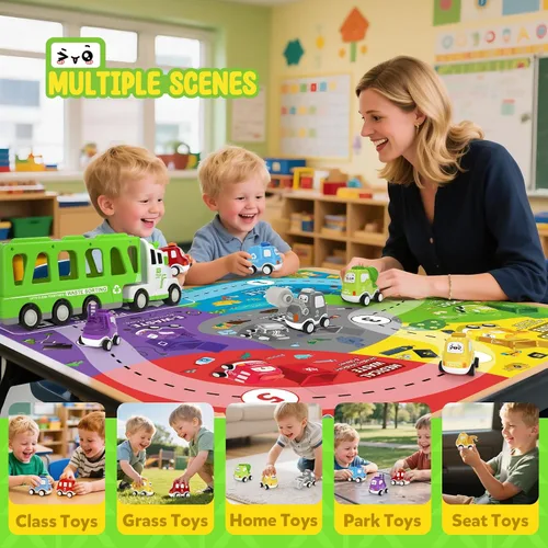 Miniatura 6 de Camión de juguete 7 en 1 para niños de 2, 3, 4, 5 años, camión transportador ecológico de 17 pulgadas más largo con 6 bonitos autos y tapete