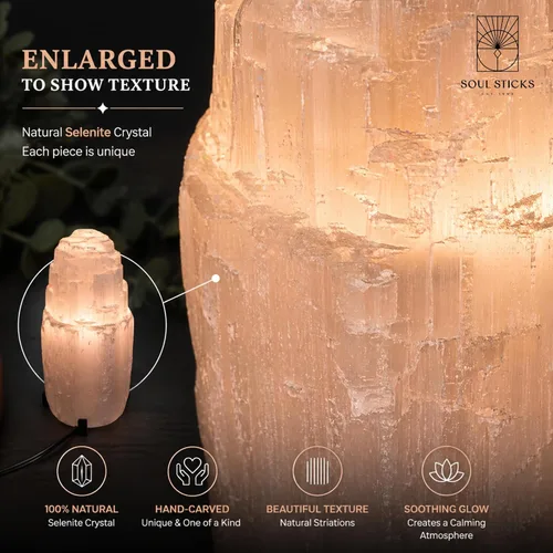 Miniatura 5 de Soul Sticks Lámpara de cristal de selenita natural y fabricada en Marruecos, incluye bombilla y cable con interruptor de atenuación Torre Iceberg