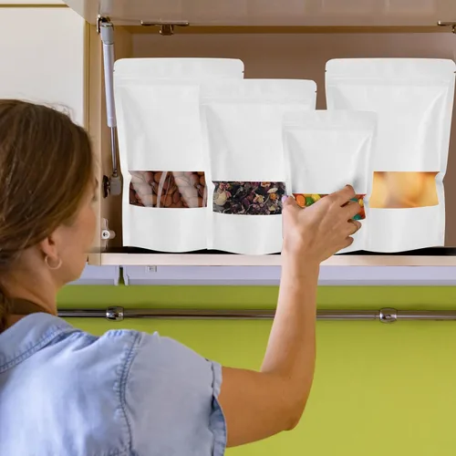 Miniatura 7 de 100 bolsas de papel kraft, bolsas resellables de embalaje de alimentos con ventana, cremallera de pie, bolsas reutilizables sellables por calor