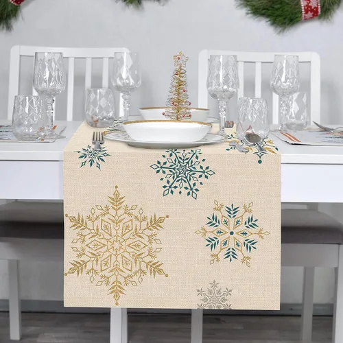 Miniatura 4 de Seliem Camino de Mesa de Copos de Nieve de Invierno, Bufanda de Mesa Dorada y Azul para Cocina y Hogar, Decoración Festiva de Navidad, Decoraciones
