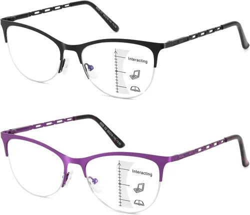 Miniatura 9 de Gafas de lectura multifocales para mujer, progresivas multifocales, luz azul, lector de computadora, ojo de gato, metal, medio marco, sin línea