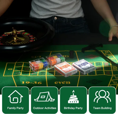 Miniatura 6 de Juego de ruleta con 120 fichas, 2 pares de póker, tapete de mesa de doble filo, rueda de ruleta, rastrillo, bolas de ruleta para ruleta y Texas