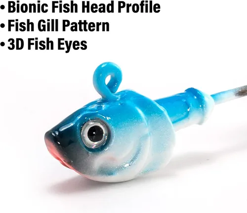 Miniatura 3 de Dr.Fish Paquete de 10 Cabezas de Jig para Swimbait, Cabezas de Jig de Pesca en Agua Salada Ojos 3D Anzuelos de Acero de Alto Carbono Señuelos