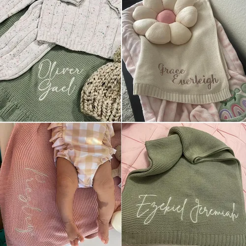 Miniatura 3 de Manta de punto de algodón con nombre bordado personalizado para bebé, niño, niña, manta suave para baby shower, manta transpirable para cochecito