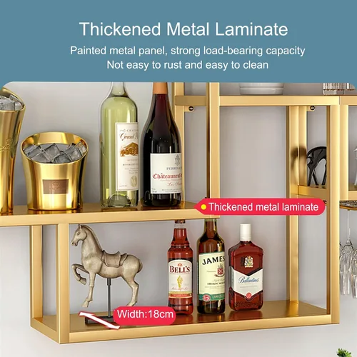 Miniatura 6 de Estantes de metal para bar, estante de vino montado en la pared con soporte colgante para copas de vino para exhibición de botellas de licor