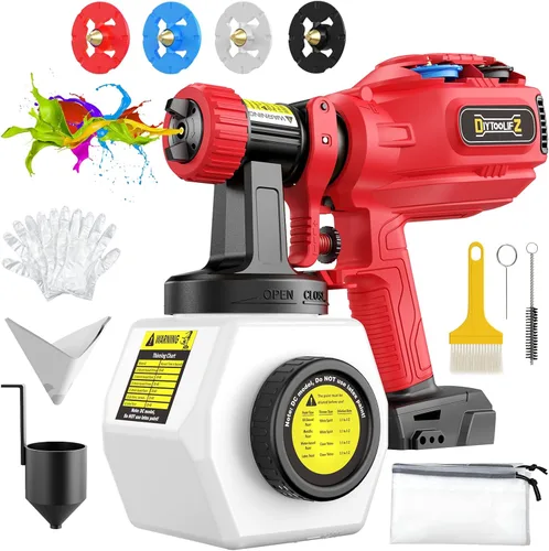DIYtoolifz - Pulverizador de pintura inalámbrico compatible con batería Milwaukee 18V, pistola de pintura eléctrica de 40.6 fl. oz con 4 boquillas y