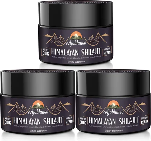Ajoblanco Resina Shilajit orgánica natural del Himalaya de 600 mg – Resina Shilajit de oro del Himalaya con mezcla ayurvédica orgánica en alta