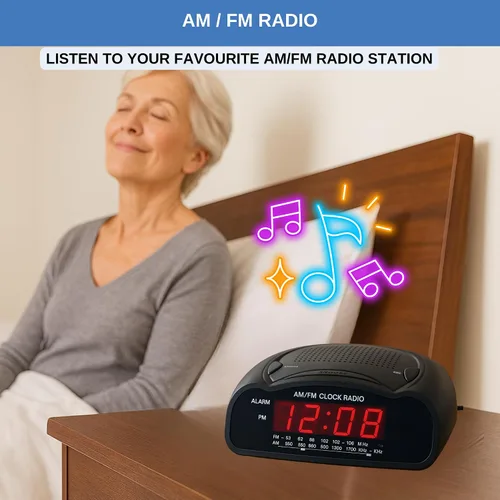 Miniatura 4 de Reloj despertador digital Radio reloj AM/FM con pantalla LED roja, alarma fuerte para personas que duermen mucho Reloj de escritorio o de noche
