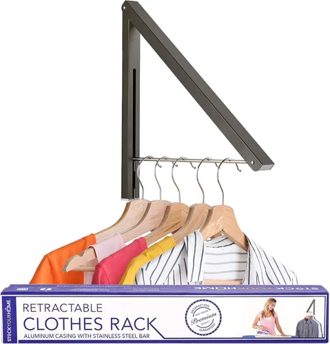 Miniatura 8 de Perchero plegable individual, colgador de ropa retráctil montado en la pared para cuarto de secadora de lavandería, barra de secado colgante, Blanco