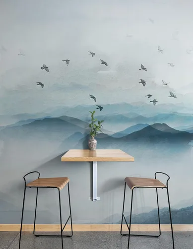 Miniatura 7 de Papel tapiz para guardería. Papel tapiz de pájaros que vuelan sobre la montaña. Papel tapiz removible, pintura de acuarela de vista de montaña.