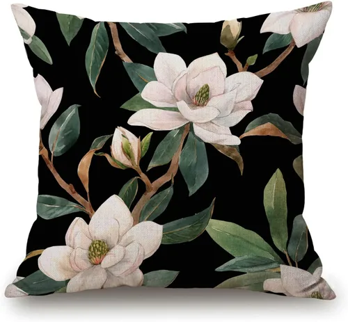 Solekla Funda de almohada cuadrada de lino y algodón con diseño floral vintage, color negro, blanco, verde, funda de cojín decorativa para sofá, 18