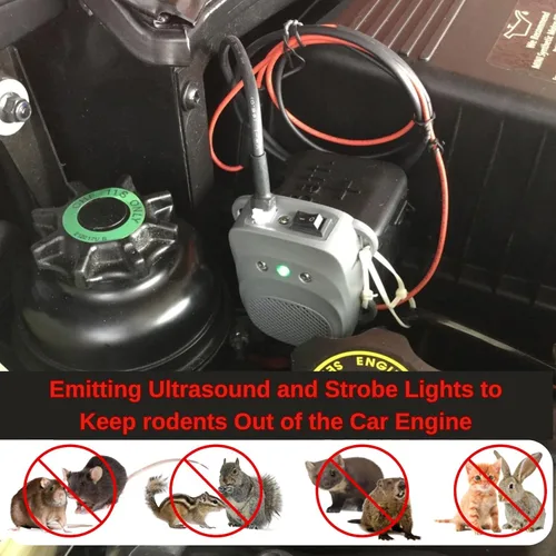 Miniatura 2 de Angveirt Repelente de roedores para motor de automóvil, debajo del capó, repelente de roedores con luces estroboscópicas, repelente ultrasónico