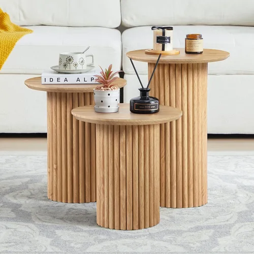 Miniatura 9 de Bifins Juego de 3 mesas de centro redondas anidadas, moderna de mediados de siglo, juego de mesa auxiliar y mesa auxiliar acanalada de madera Natural
