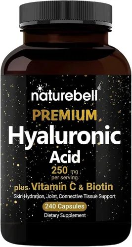 NatureBell Suplementos de ácido hialurónico, 250mg de ácido hialurónico con 25mg de vitamina C por porción, 200 cápsulas, apoya la hidratación de la