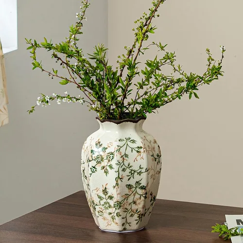 Miniatura 10 de Jarrón de cerámica verde y blanco con asa, florero rústico para decoración de hogar estilo “chinoiserie”, “grandmillenial” y toscano, jarrón