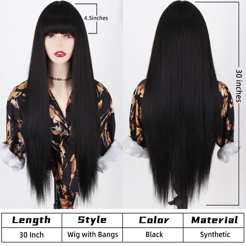 Miniatura 2 de MISSQUEEN Pelucas largas negras con flequillo, pelucas negras rectas para mujer, peluca sintética de 30 pulgadas de largo lacio con flequillo negro