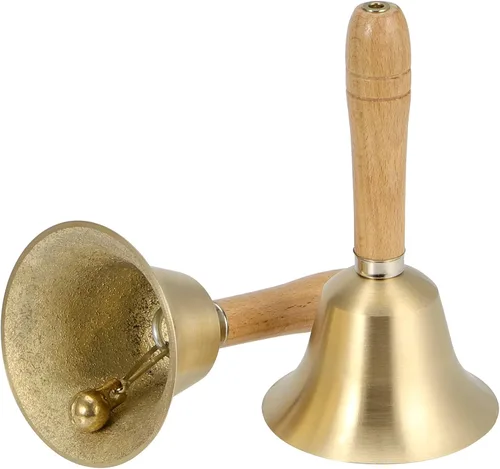 Miniatura 5 de SINJEUN 4 campanas de mano de latón de 6 pulgadas, campanas de mano de latón macizo con mango de madera, campanas de llamada de restaurante