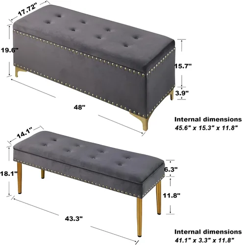 Miniatura 2 de Linique Juego de bancos de almacenamiento, bancos combinados 2 en 1 con ribete de cabeza de clavo, elegante otomana tapizada de terciopelo