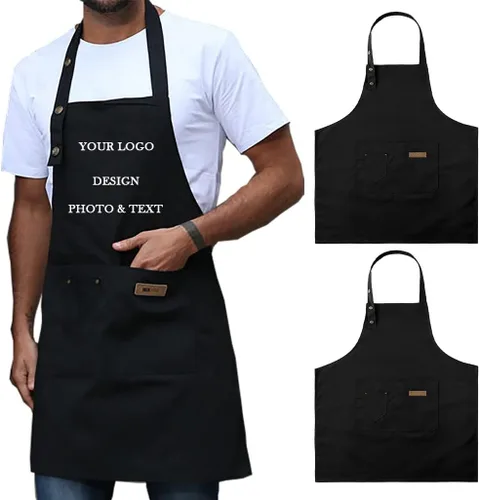 Miniatura 15 de Delantal personalizado para hombres y mujeres, delantales de lona de cocina personalizados con bolsillos, nombre, texto, logotipo, imagen Negro-1