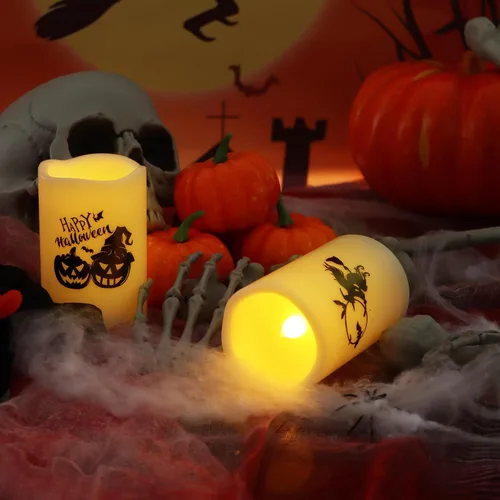 Miniatura 3 de Velas de pilar sin llama de Halloween al aire libre con temporizador diario automático, luces LED eléctricas parpadeantes realistas con calcomanías