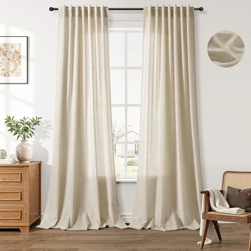 Miniatura 23 de Aersas Aqua Green Linen Curtains 84 Inches Long 2 Panels Set Back Tab Rod Pocket Living Room Curtain Farmhouse Rustic Light Filtering Hook Drapes