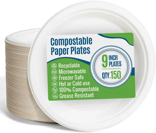 Miniatura 8 de Platos de papel blanco, 7 pulgadas, 150 unidades, fibra de caña de azúcar de grado alimenticio, compostable y biodegradable, para microondas