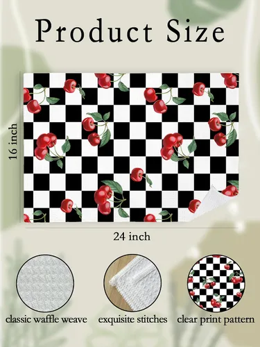 Miniatura 2 de Toallas de mano de cereza para cocina y baño – Toallas de té decorativas retro a cuadros en blanco y negro, accesorios de decoración de cocina