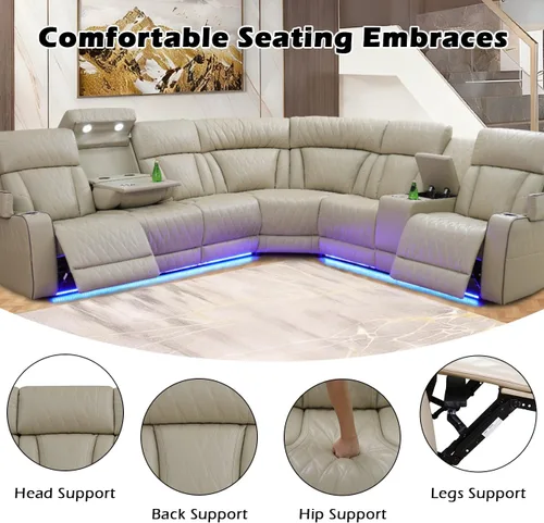 Miniatura 4 de Juego de sofá modular reclinable eléctrico para sala de estar, juego de sofá reclinable de cuero con luces LED / almacenamiento oculto, sofá