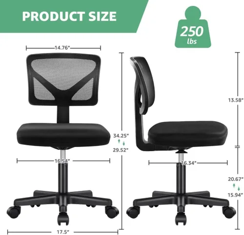 Miniatura 3 de Silla de oficina de malla sin brazos, silla de escritorio ergonómica con respaldo bajo, sillas giratorias ajustables para computadora para espacios