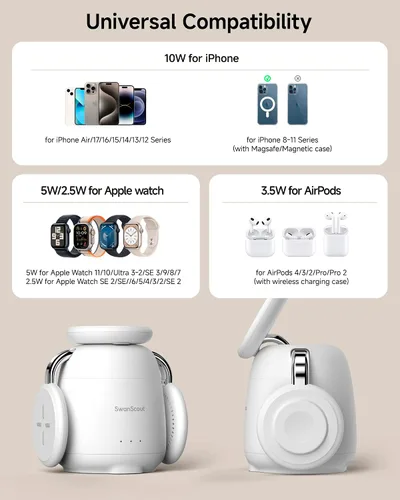 Miniatura 3 de SwanScout Estación de carga para cargador MagSafe, cargador inalámbrico 3 en 1 para iPhone 17/Air/16/15/14/13/12 Series, para Apple Watch y Air