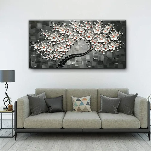 Miniatura 7 de Tyed Art -24x48 pulgadas Flores Arte Contemporáneo Pintura al óleo Flores Blancas Abstractas Pinturas de Árbol 100% Pintado a Mano 3D Arte Abstracto