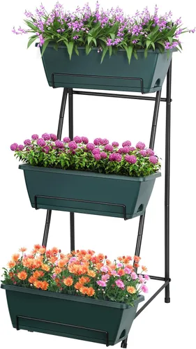 Miniatura 10 de Cama de jardín elevada vertical de 3 niveles, soporte de macetas de jardín elevadas, caja de maceta de jardín vertical con agujeros de drenaje