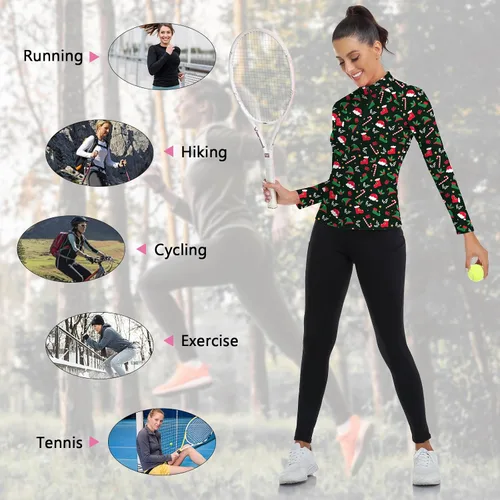 Miniatura 191 de WOWENY Camiseta deportiva de manga larga para mujer, con cremallera de un cuarto, cuello para entrenamiento, camiseta de tenis con estampado