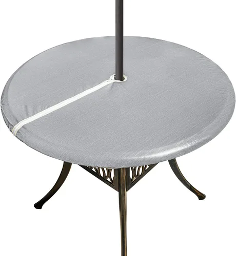 Miniatura 14 de Mantel redondo de vinilo con agujero para paraguas y cremallera, mantel ajustable 100% impermeable, fácil de limpiar, cubierta de mesa de PVC