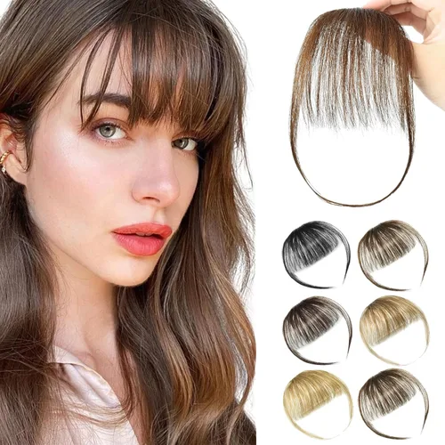 Miniatura 13 de Extensiones de cabello sintético con clip, flequillo francés, con sienes, color marrón ceniza, flequillo falso natural con clip para mujer, uso