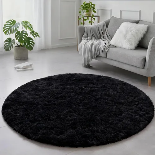 Alfombra redonda pequeña negra de 3 pies para dormitorio, alfombra circular esponjosa para decoración de sala de estar, alfombra circular peluda