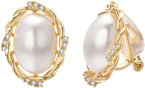 Yoursfs Aretes de clip de perlas blancas grandes para mujer, chapados en oro de 18 quilates, hipoalergénicos, sin perforaciones, joyería brillante