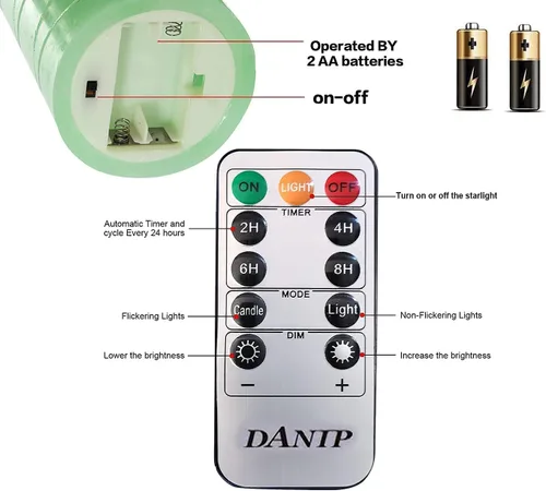 Miniatura 4 de DANIP - Vela LED verde sin llama con cuerda de estrella integrada, juego de 3 velas LED, con control remoto de 11 botones, función de temporizador