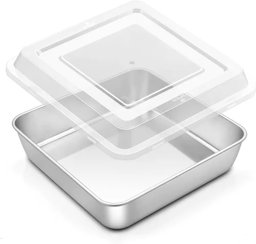 Miniatura 14 de Onader Bandeja cuadrada para hornear pasteles de 8 x 8 pulgadas con tapa, bandeja de lasaña de brownie de acero inoxidable