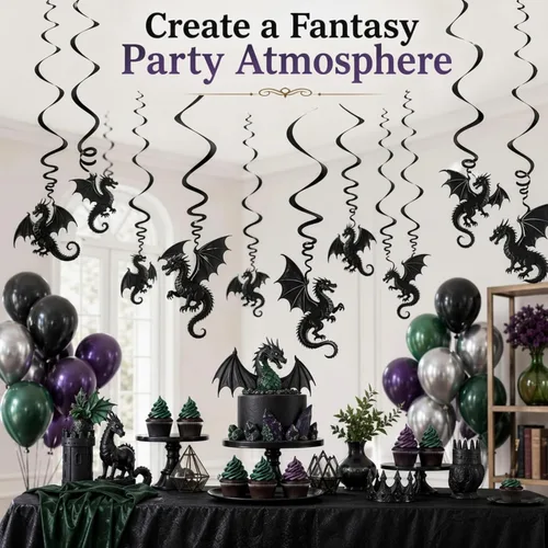 Miniatura 3 de Sumind 30 piezas de remolinos colgantes de dragón, decoración colgante de techo de dragón negro para suministros de fiesta de cumpleaños temática