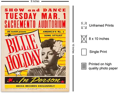 Miniatura 2 de Arte de pared de Billie Holiday - Póster de Billy Holiday - Carteles vintage de concierto de 8x10 - Arte de pared afroamericano - Regalos de músico