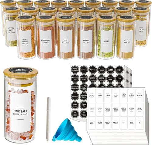SpaceAid 24 tarros de especias con tapas y etiquetas de bambú, botellas de vidrio vacías de 4 onzas, calcomanías minimalistas de granja con embudo,