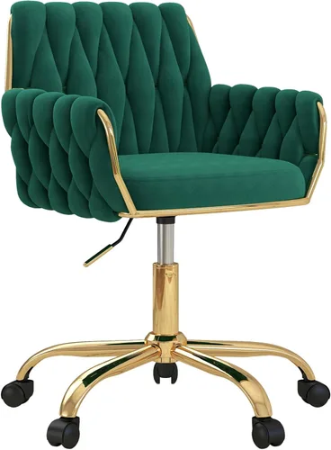 Miniatura 16 de Silla de terciopelo para oficina en casa, moderna silla de tocador de altura ajustable con base dorada y respaldo tejido a mano para dormitorio