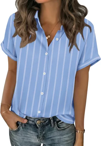 Miniatura 7 de Zeagoo Blusas de verano de manga corta para mujer, camisas casuales con botones, blusas de trabajo de negocios sólidas/a rayas