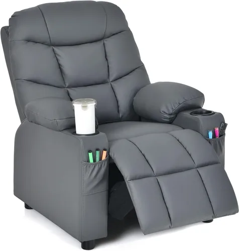 Miniatura 10 de GLACER Silla reclinable para niños con portavasos y bolsillos laterales, reclinable para niños con respaldo cómodo, reposabrazos y reposapiés, Marrón
