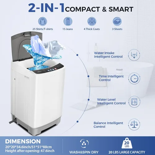 Miniatura 2 de Nictemaw Lavadora portátil de 20 libras con bomba de drenaje, lavadora compacta de 2.8 pies cúbicos con 10 programas, 8 niveles de agua, pequeña
