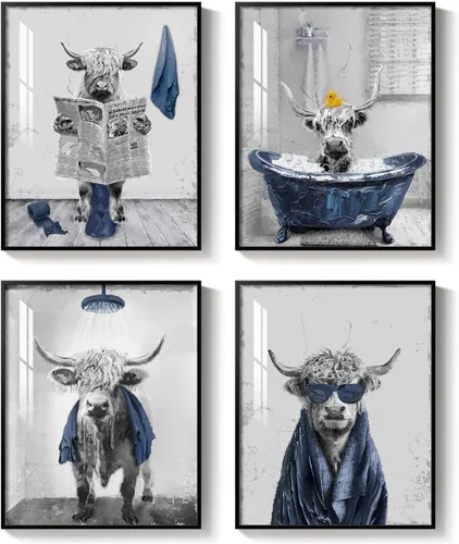 Miniatura 9 de Arte de pared divertido de vaca de las tierras altas enmarcado para baño, 4 piezas de divertidos animales, impresiones artísticas azul marino, linda