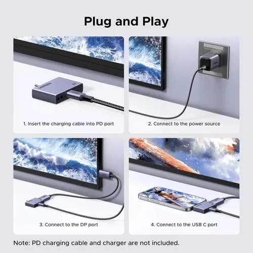 Miniatura 5 de UGREEN Adaptador unidireccional USB C a DisplayPort 1.4 con PD de 100 W de carga rápida 8K @60Hz 4K a 240Hz Thunderbolt 4/3 a DP Compatible
